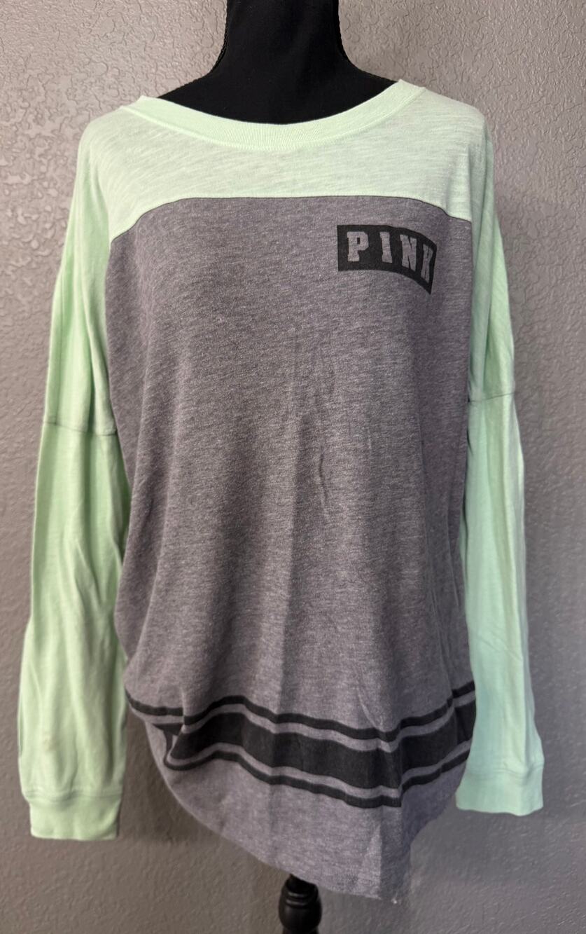 Victorias Secret PINK Womens Sz L Mint Gray Striped Long Sleeve Tee T Shirt